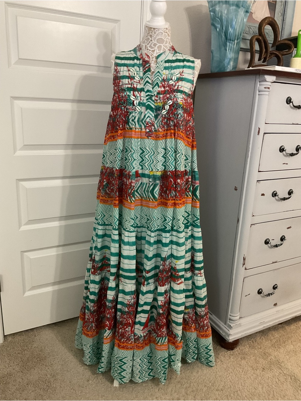 POL Beaded Cowrie Shell Striped Boho Maxi Dress Small